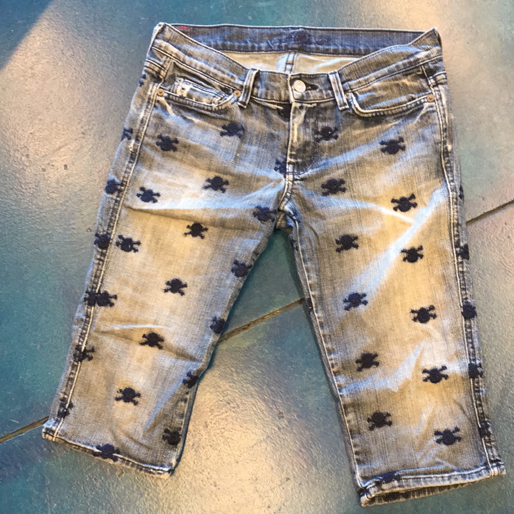 7 For All Mankind Skull & Crossbones Embroidered Biker Jean Short